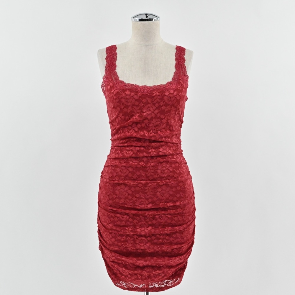 Vtg Y2k Red Lace Mini Dress Size XS Ruched Coquette Elegant Siren Sexy Romantic